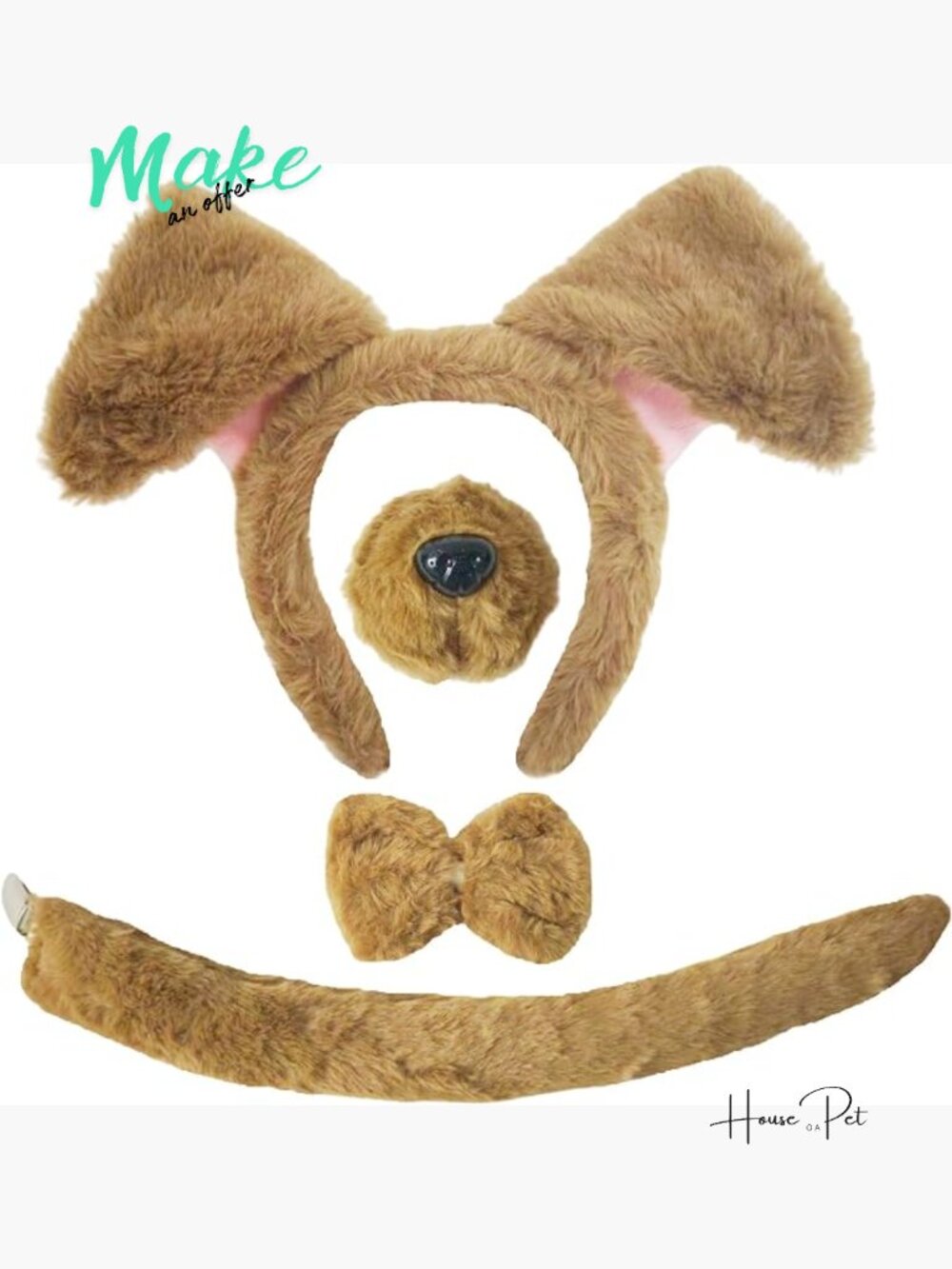 4-Piece Dog Ears and Tail Costume Set - Plush Headband, Nose, Bow Tie, Clip-On